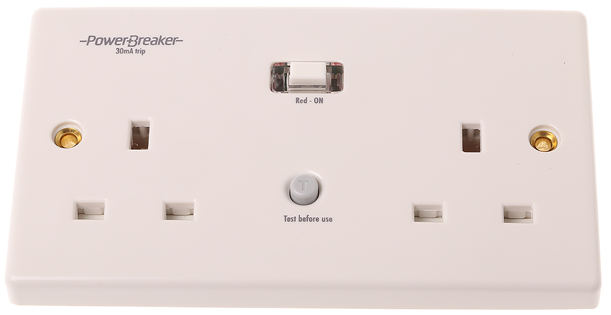 Powerbreaker PowerBreaker H 13A, BS Fixing, Passive, 2 Gang RCD Socket, Surface Mount, 230 V ac, White