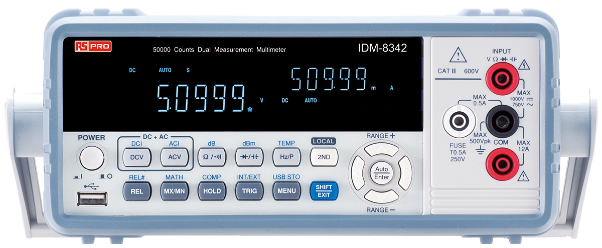 RS PRO IDM8342 Bench Digital Multimeter, True RMS, 10A ac Max, 10A dc Max, 750V ac Max - UKAS Calibrated