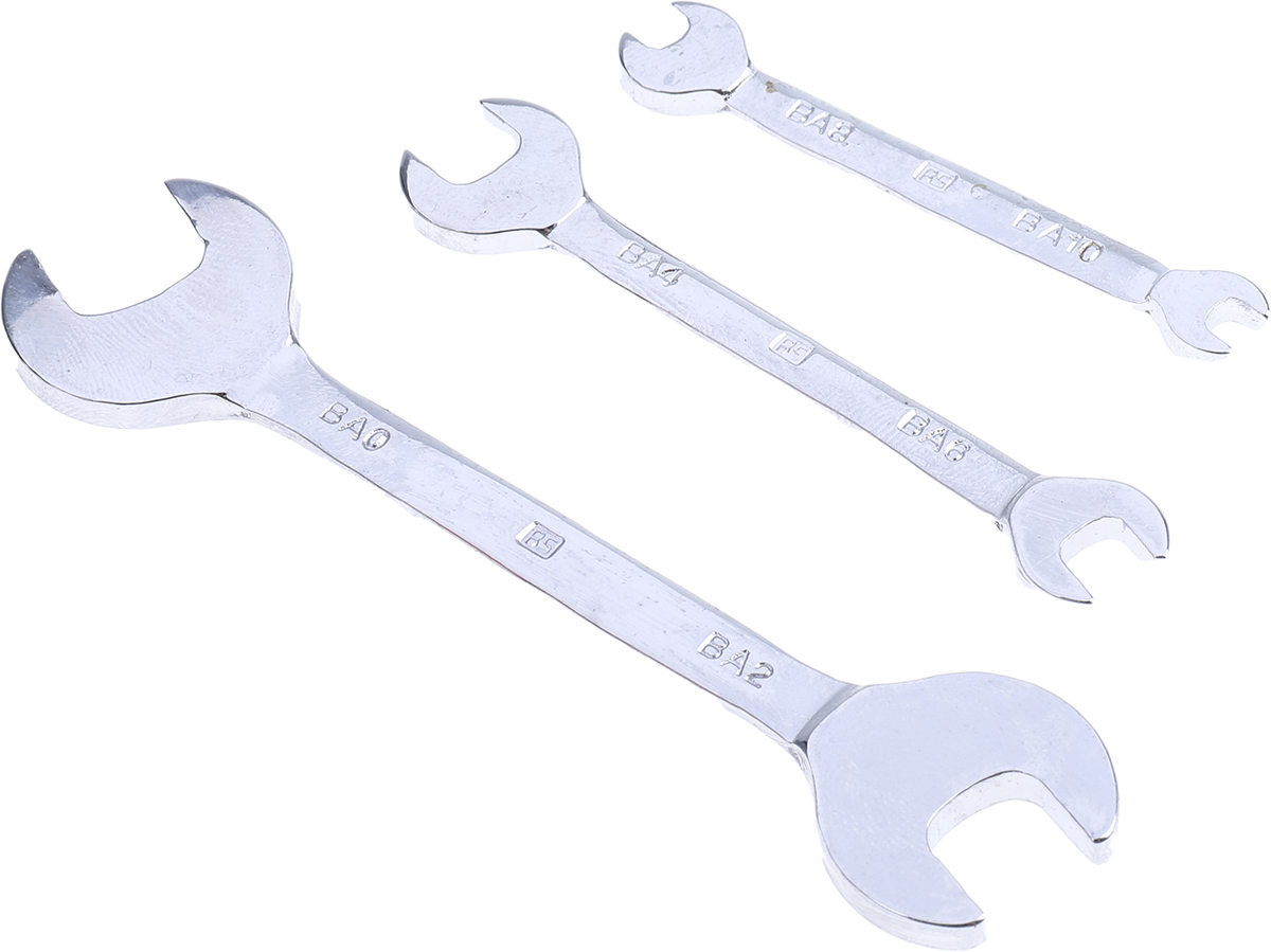 RS PRO 3-Piece Open Ended Spanner Set, BA0 x BA2, BA4 x BA6, BA8 x BA10, Chrome Vanadium Steel
