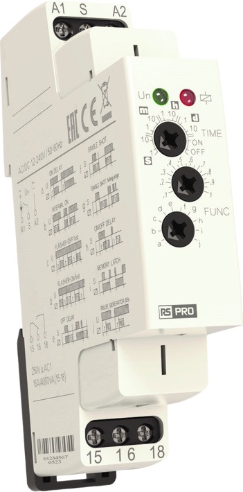 RS PRO DIN Rail Mount Timer Relay, 12 → 240V ac/dc, 1-Contact, 0.1 s → 10days, 10-Function, SPDT