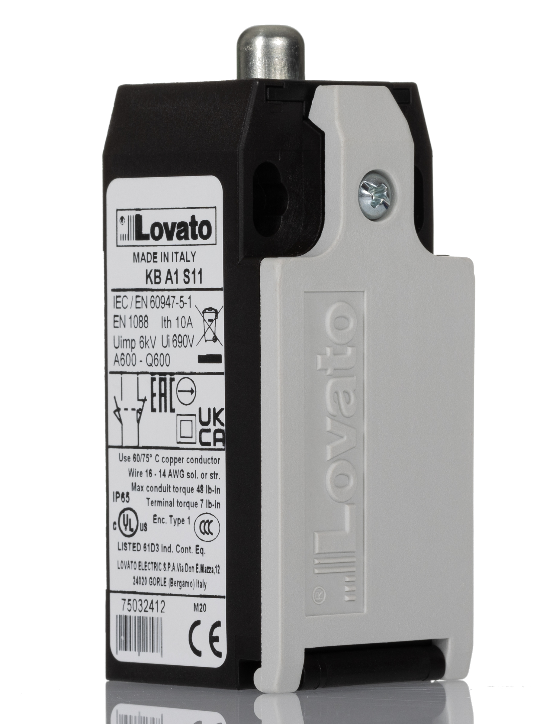 Lovato K Series Plunger Limit Switch, NO/NC, IP20, IP65, SPST-NC, SPST-NO, Thermoplastic Housing, 690V ac Max, 10A Max