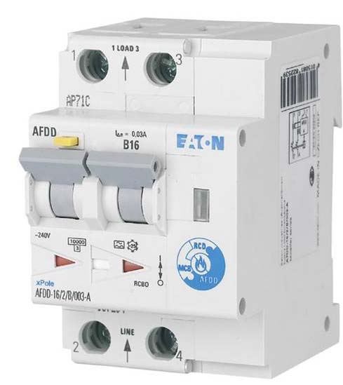 Eaton AFDD, 16A Current Rating, 2P Poles, 30mA Trip Sensitivity, Type B, AFDD+ Range