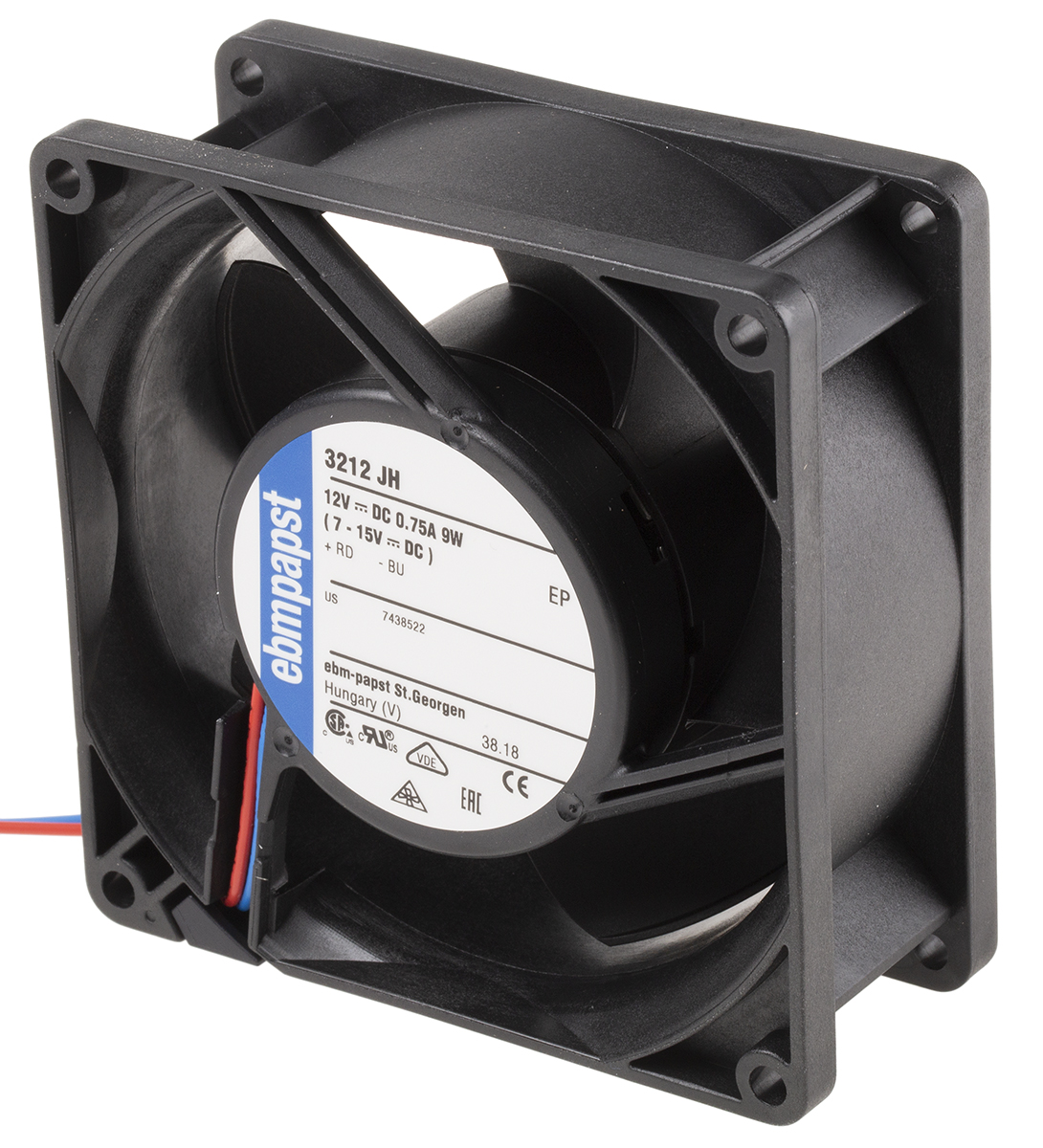 ebm-papst 3200 J - S-Force Series Axial Fan, 12 V dc, DC Operation, 146m³/h, 9W, 750mA Max, 92 x 92 x 38mm