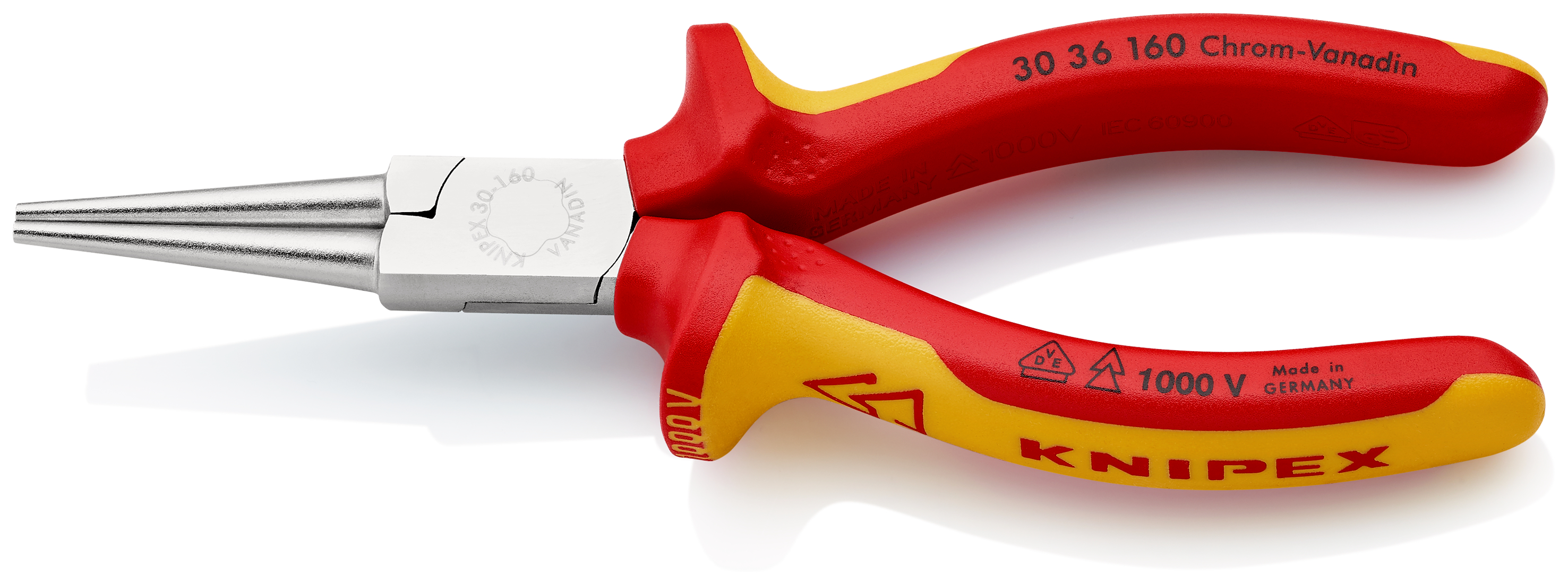 Knipex Round Nose Pliers, 160 mm Overall, Straight Tip, VDE/1000V, 41mm Jaw