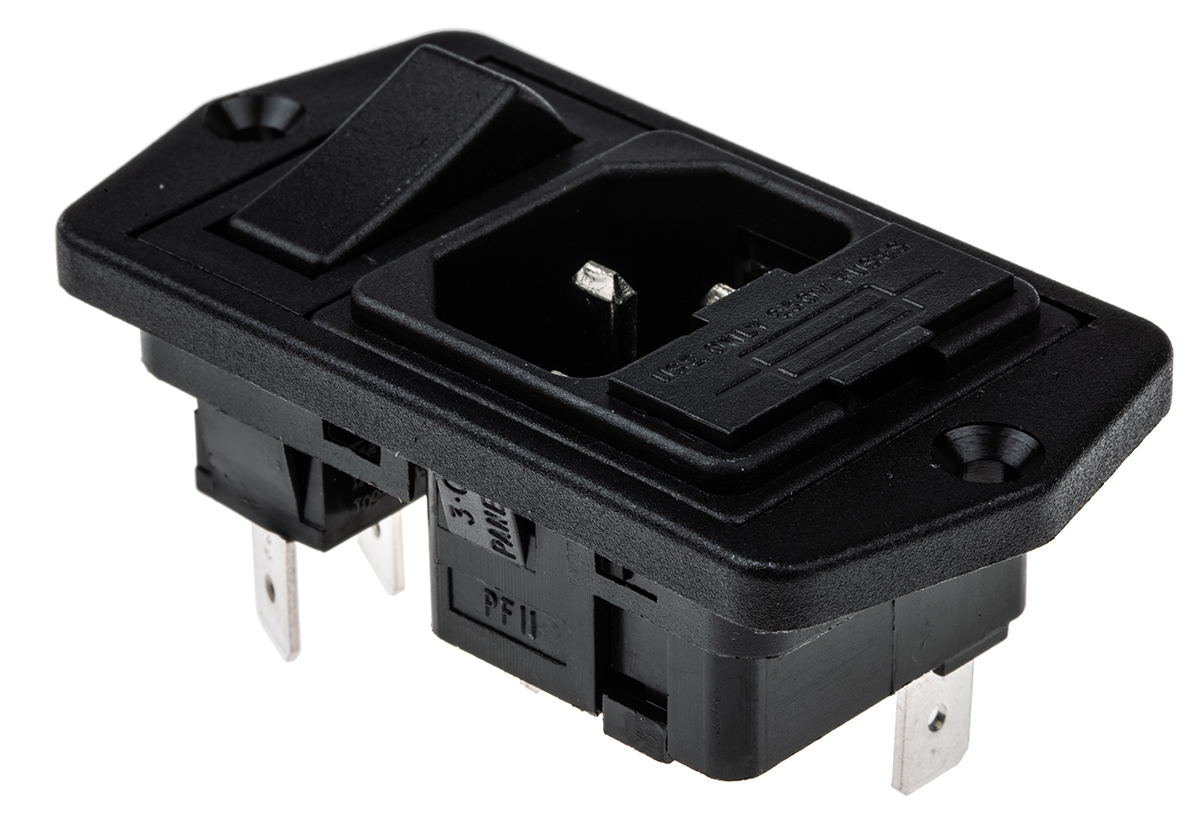 Bulgin C14 Flange Mount IEC Connector Male, 10A, 250 V, Fuse Size 5 x 20mm