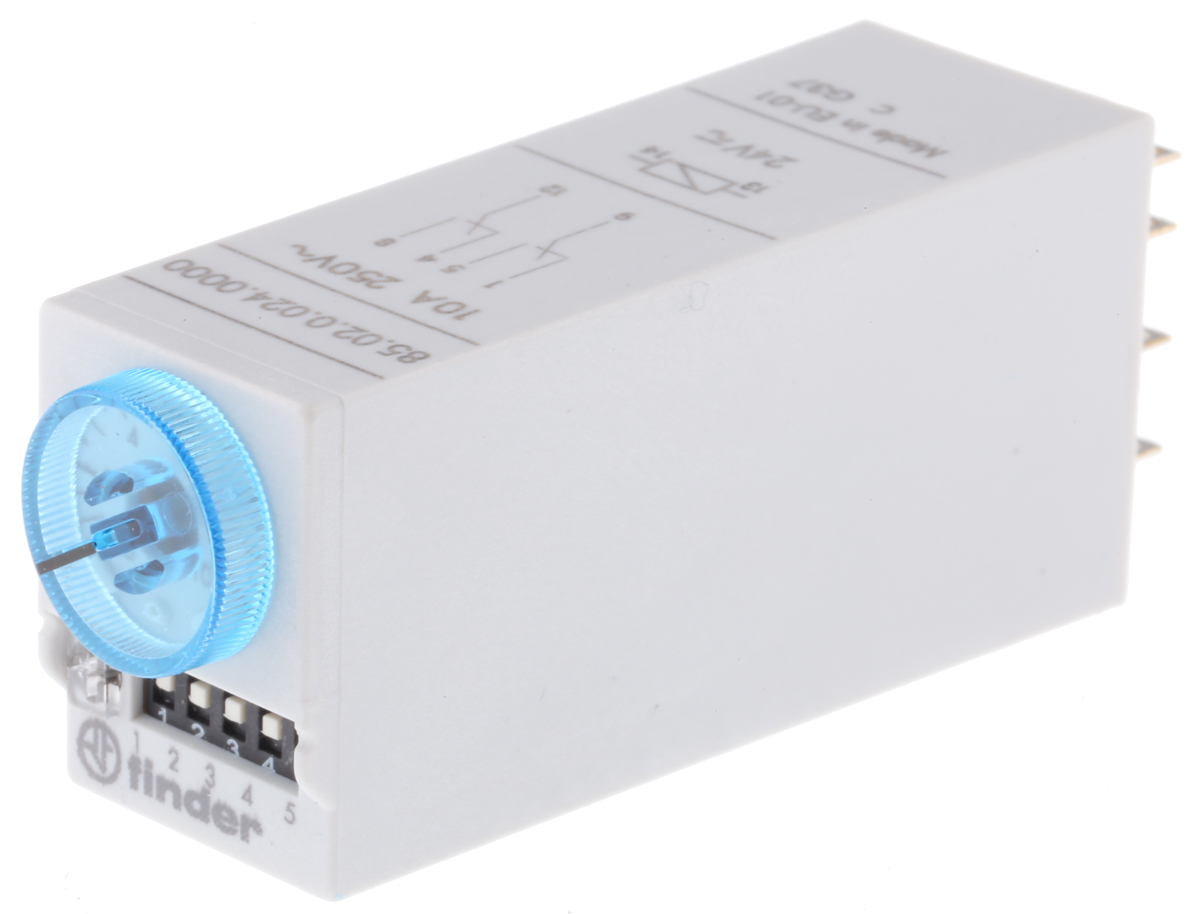 Finder 85 Series Series Snap On Timer Relay, 24V ac/dc, 2-Contact, 0.05 → 100 s, 3 → 100 min, 5 →
