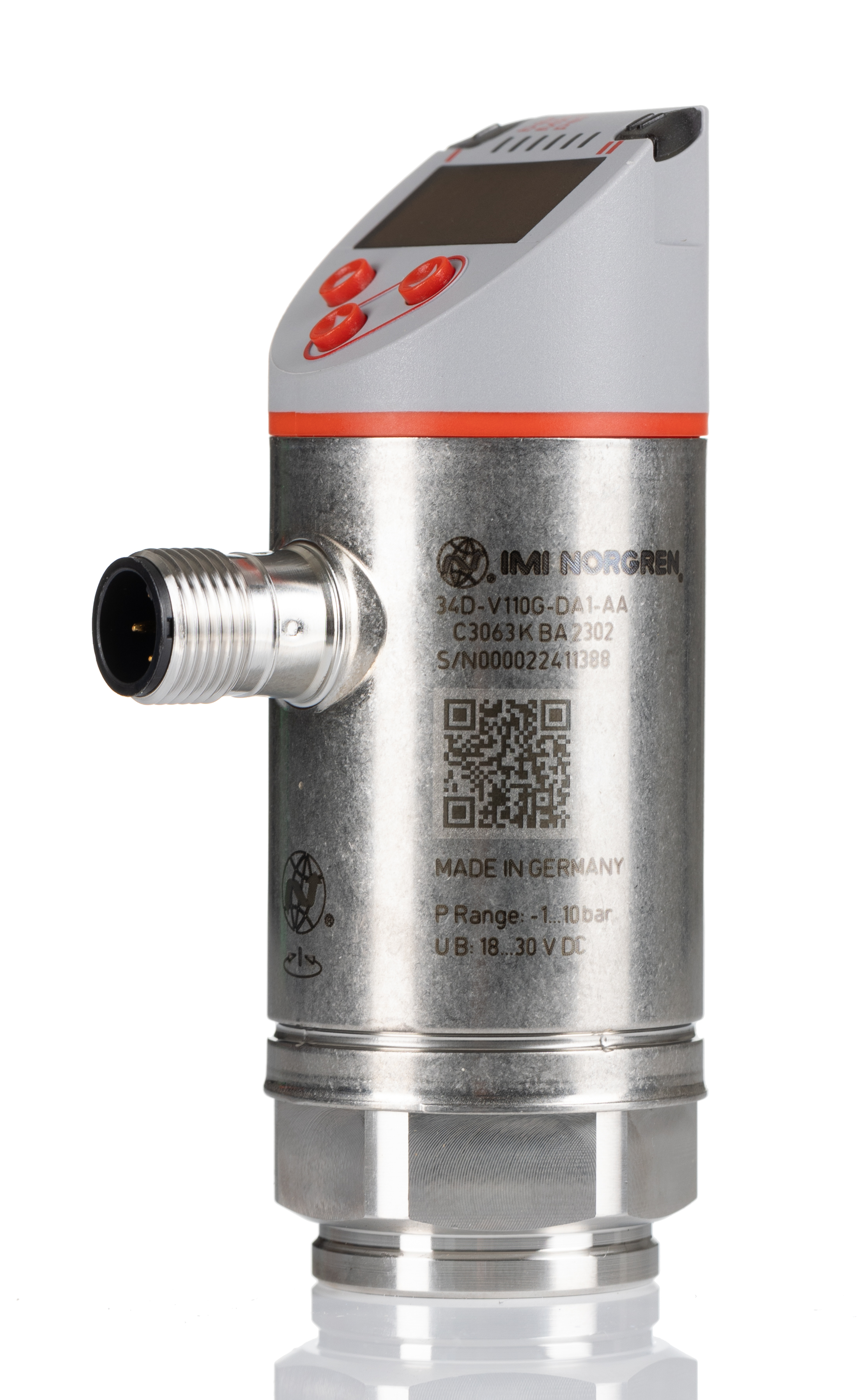 Norgren 34D Series Pressure Sensor, -1bar Min, 10bar Max, Transistor Output, Relative Reading
