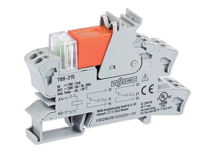 WAGO 788 Series Relay Module, DIN Rail Mount, 110V dc Coil, DPDT, 2-Pole, 8A Load