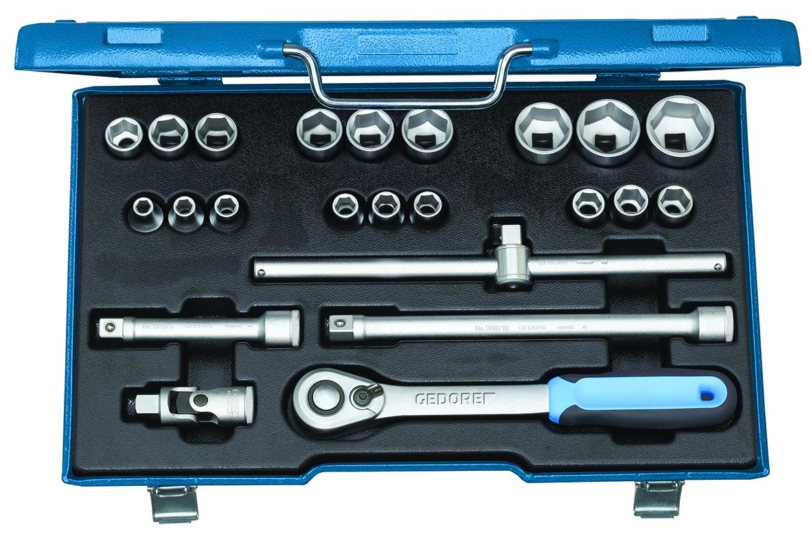 Gedore 23-Piece Imperial, Metric 1/2 in Standard Socket Set with Ratchet, 6 point; 12 point