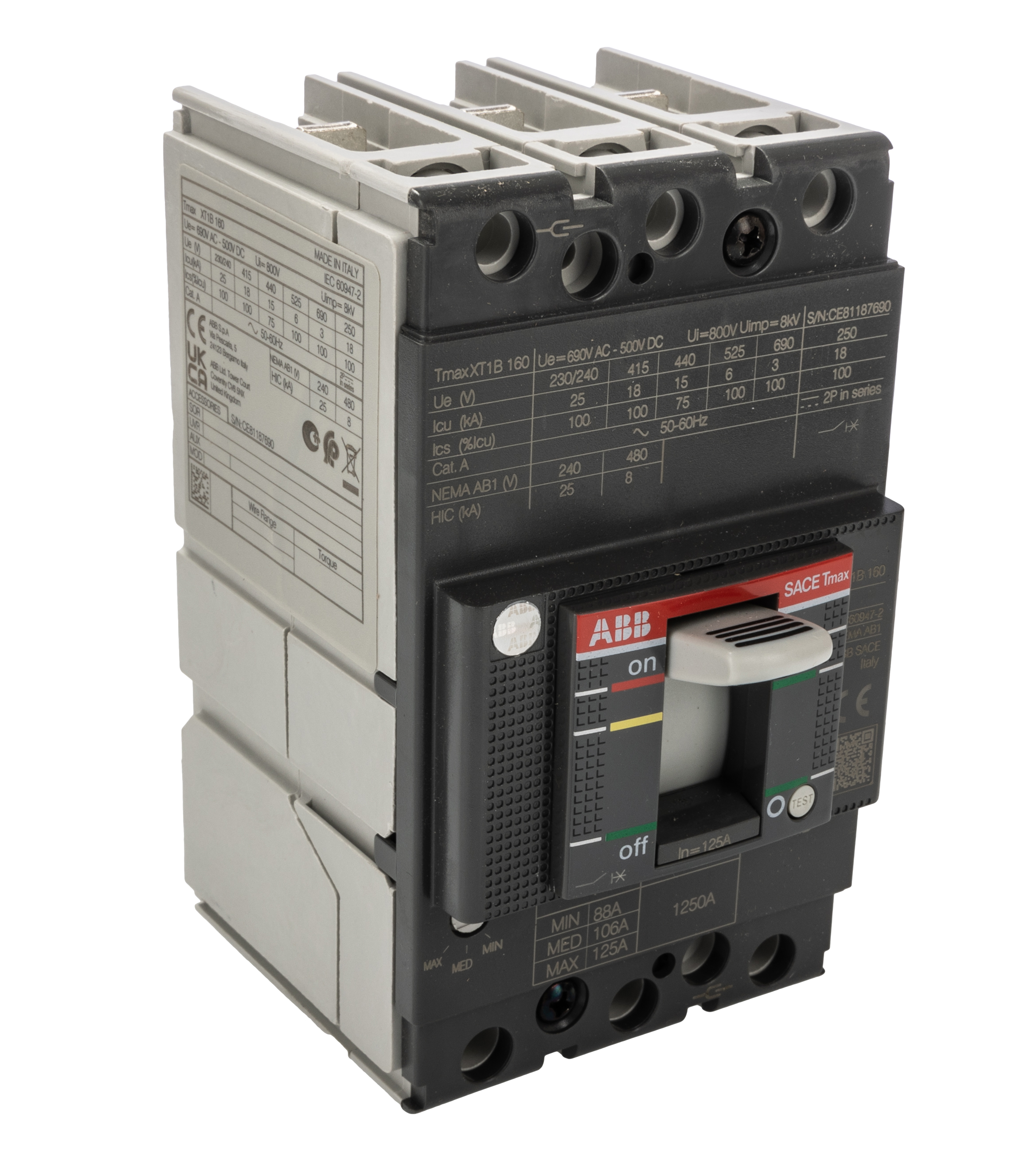 ABB, SACE Tmax XT MCCB Molded Case Circuit Breaker 3P 125A, Breaking Capacity 18 kA, Fixed Mount