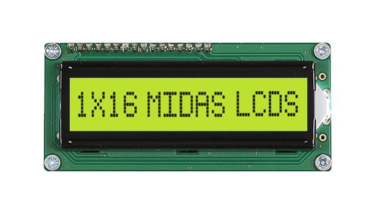 Midas MC11605A6W-SPTLY-V2 Alphanumeric LCD Display, Black on Yellow/Green, 1 Row by 16 Characters, Transflective