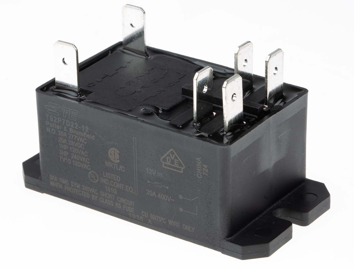 TE Connectivity Flange Mount Power Relay, 12V dc Coil, 30A Switching Current, DPST