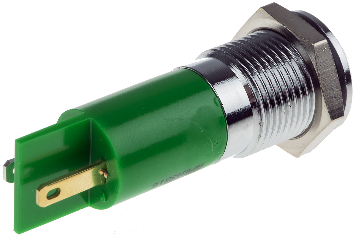 RS PRO Green Panel Mount Indicator, 220V ac, 14mm Mounting Hole Size, Faston, Solder Lug Termination, IP67