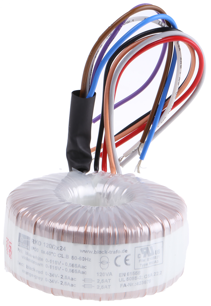 Block 115 V ac, 230 V ac, 2 x 24V ac Toroidal Transformer, 120VA 2 Output
