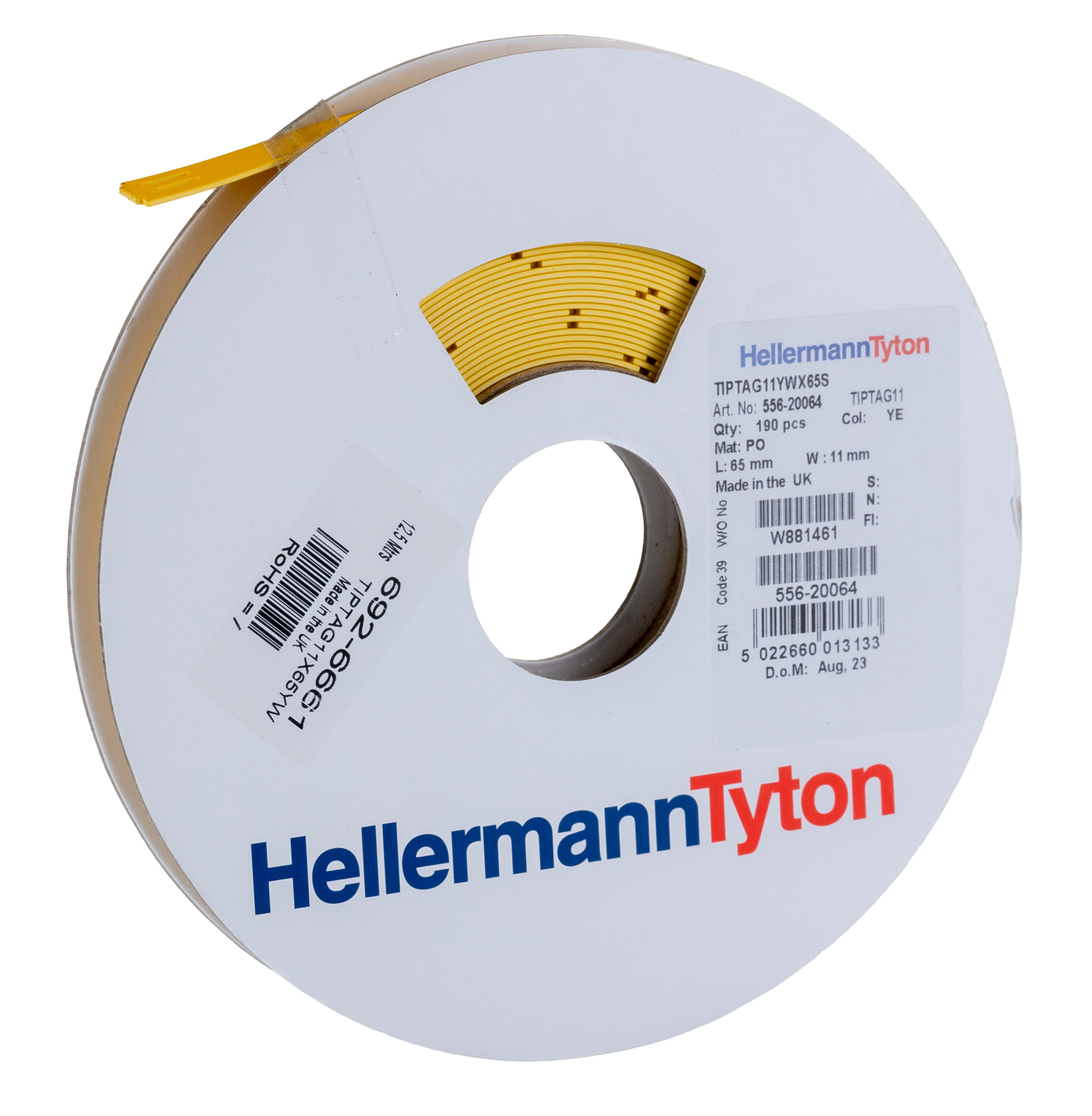 HellermannTyton TIPTAG Yellow Cable Labels, 65mm Width, 11mm Height, 190 Qty