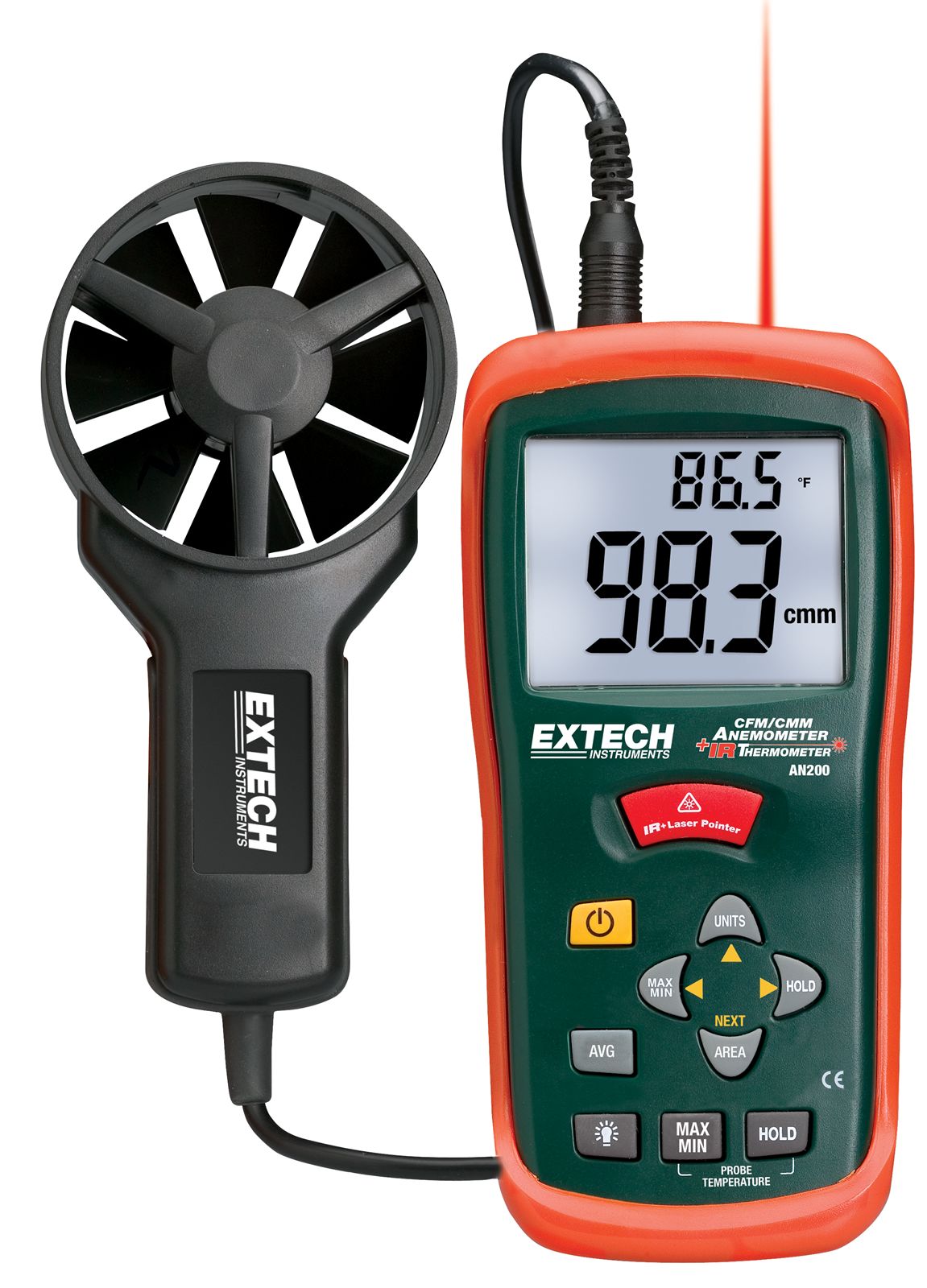 Extech AN200 Rotary Vane Anemometer, 30m/s Max, Measures Air Velocity