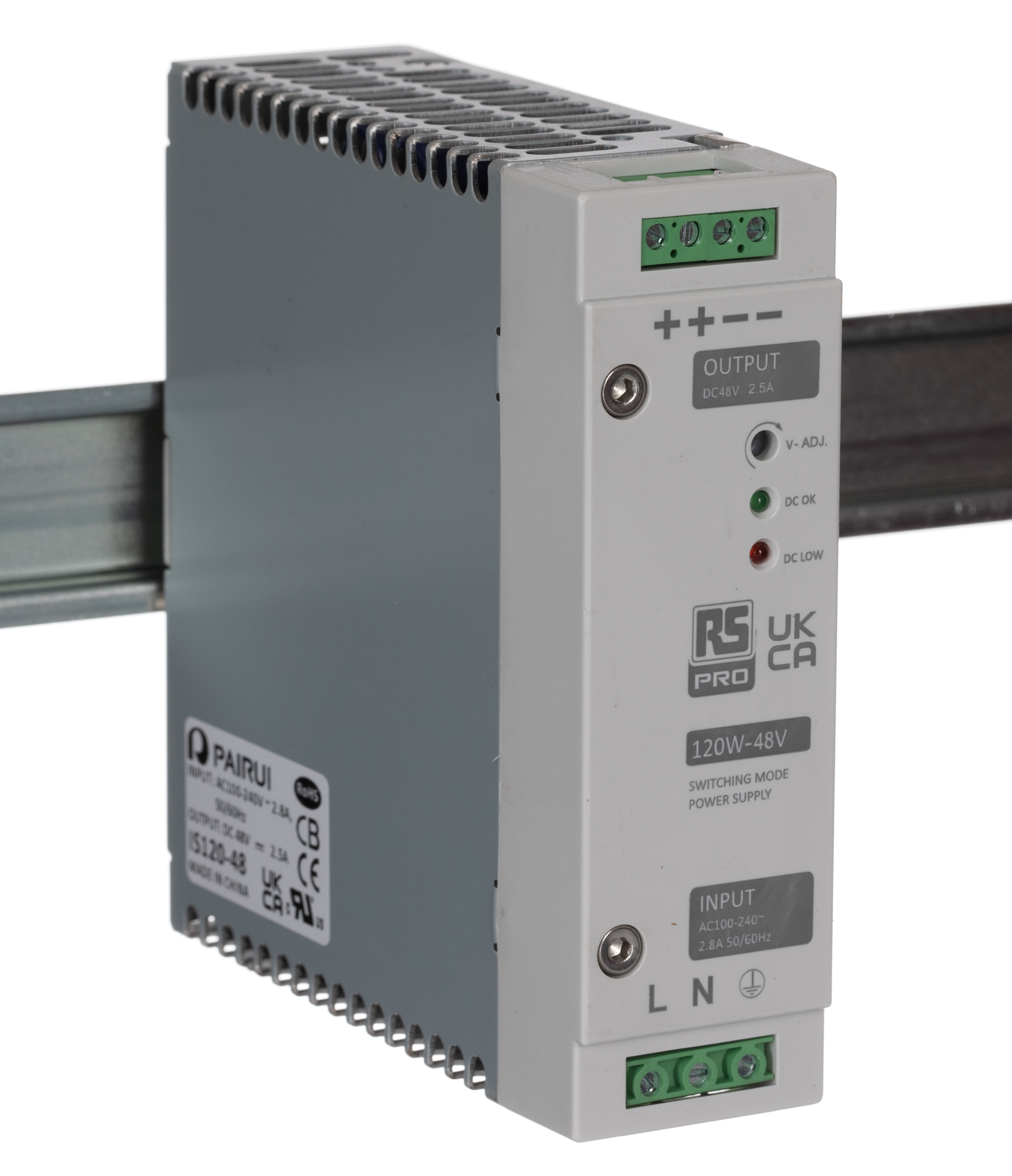 RS PRO Switched Mode DIN Rail Power Supply, 230V ac, 48V dc dc Output, 2.5A Output, 120W