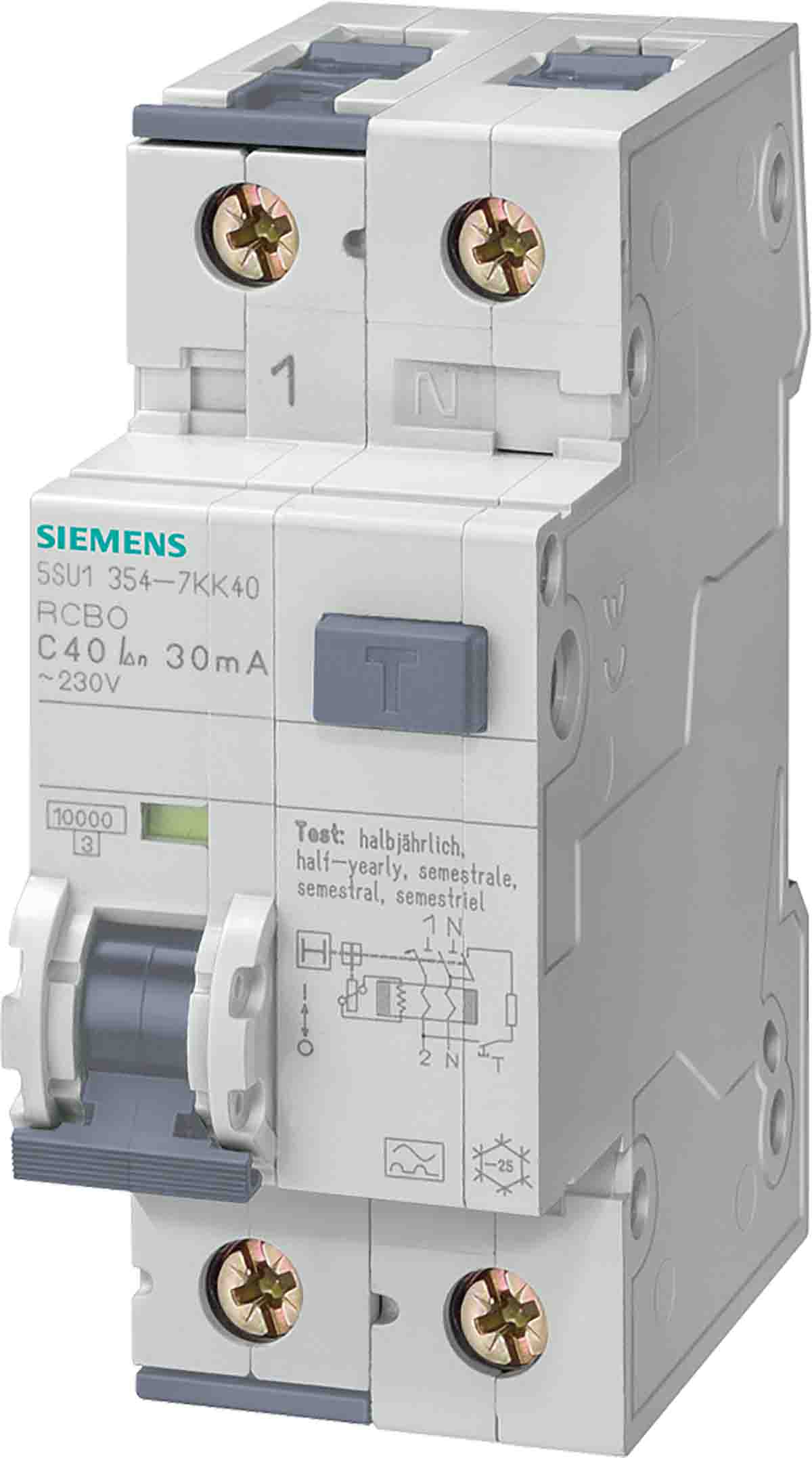 Siemens RCBO, 16A Current Rating, 2P Poles, 30mA Trip Sensitivity, SENTRON Range
