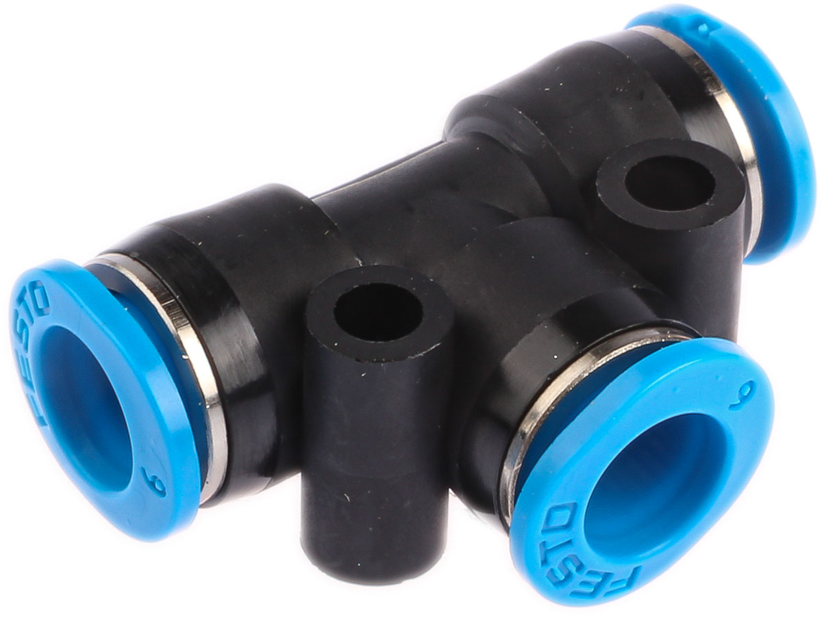 Festo QSMT Series Tee Tube-to-Tube Adaptor Push In 6 mm, Push In 6 mm to Push In 6 mm, Tube-to-Tube Connection Style,