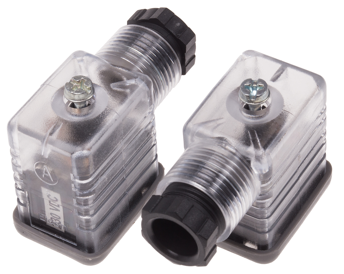 RS PRO 2P+E DIN 43650 B, Female Solenoid Valve Connector with Indicator Light, 250 V dc Voltage