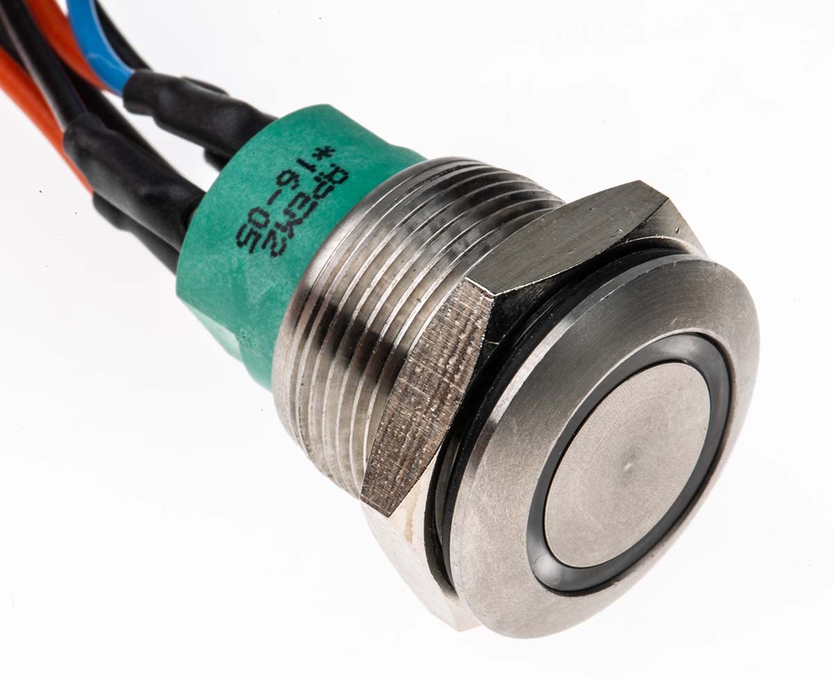 Apem Illuminated Push Button Switch, Momentary, Panel Mount, 19.2mm Cutout, SPDT, Green LED, 30V dc, IP67