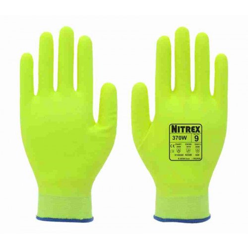 Unigloves 370W Yellow Acrylic, Nylon (Liner) Work Gloves, Size 10, Nitrile Foam Coating