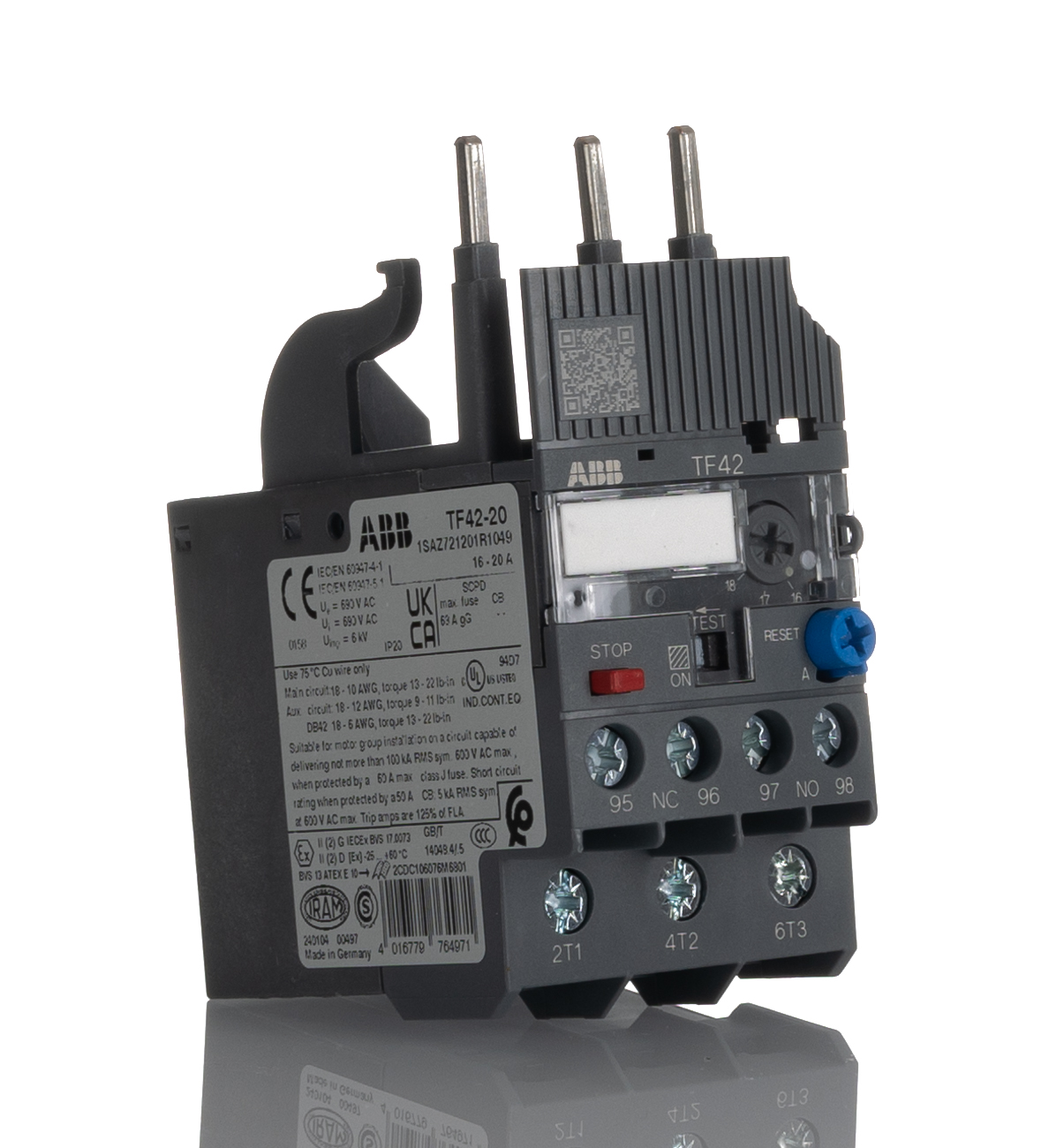 ABB TF42 Thermal Overload Relay 1NO + 1NC, 16 → 20 A F.L.C, 20 A Contact Rating, 2.6 W, 3P, AF Range