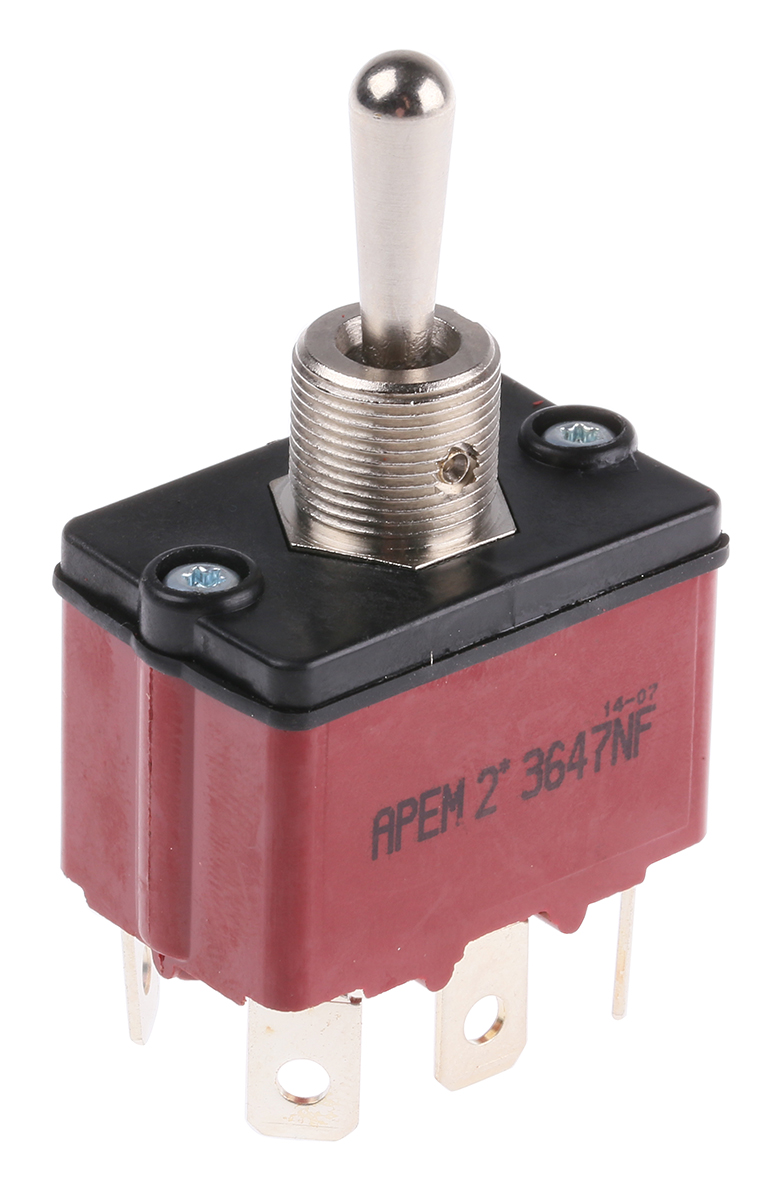 APEM Toggle Switch, Panel Mount, (On)-Off-(On), DPST, Tab Terminal, 28V dc