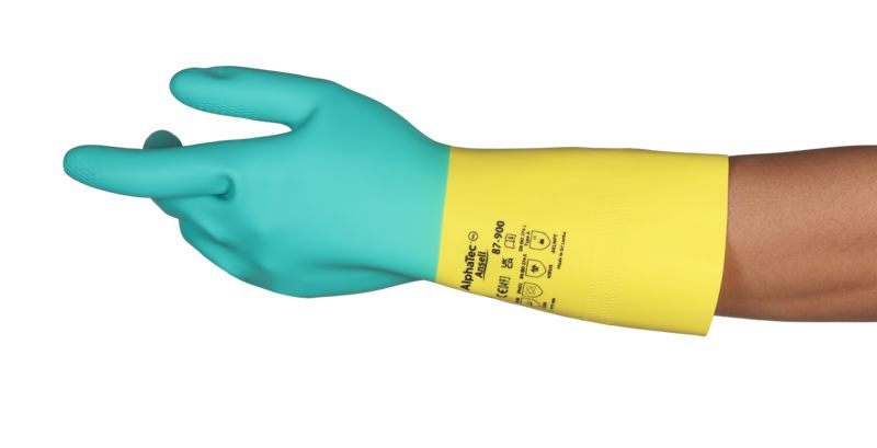 Ansell AlphaTec 87-900 Green, Yellow Natural Rubber Latex Work Gloves, Size 7, Latex, Natural Rubber Coating
