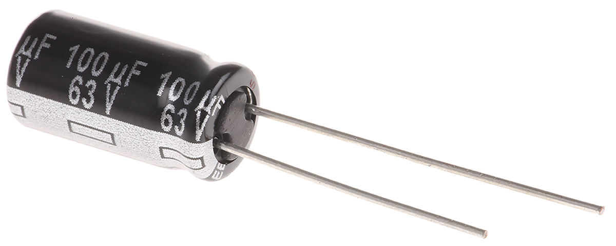 Panasonic 100μF Aluminium Electrolytic Capacitor 63V dc, Radial, Through Hole - EEUEB1J101