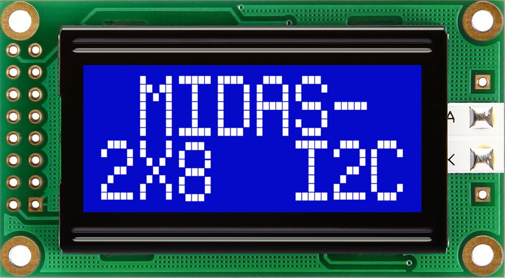 Midas MC20805A6W-BNMLWI-V2 Alphanumeric LCD Alphanumeric Display, 2 Rows by 8 Characters