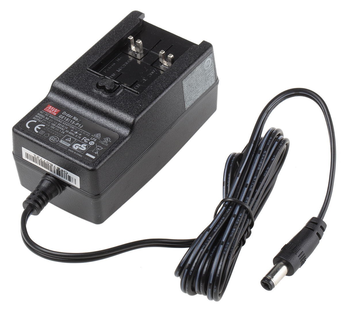 MEAN WELL 18W Plug-In AC/DC Adapter 15V dc Output, 1.2A Output