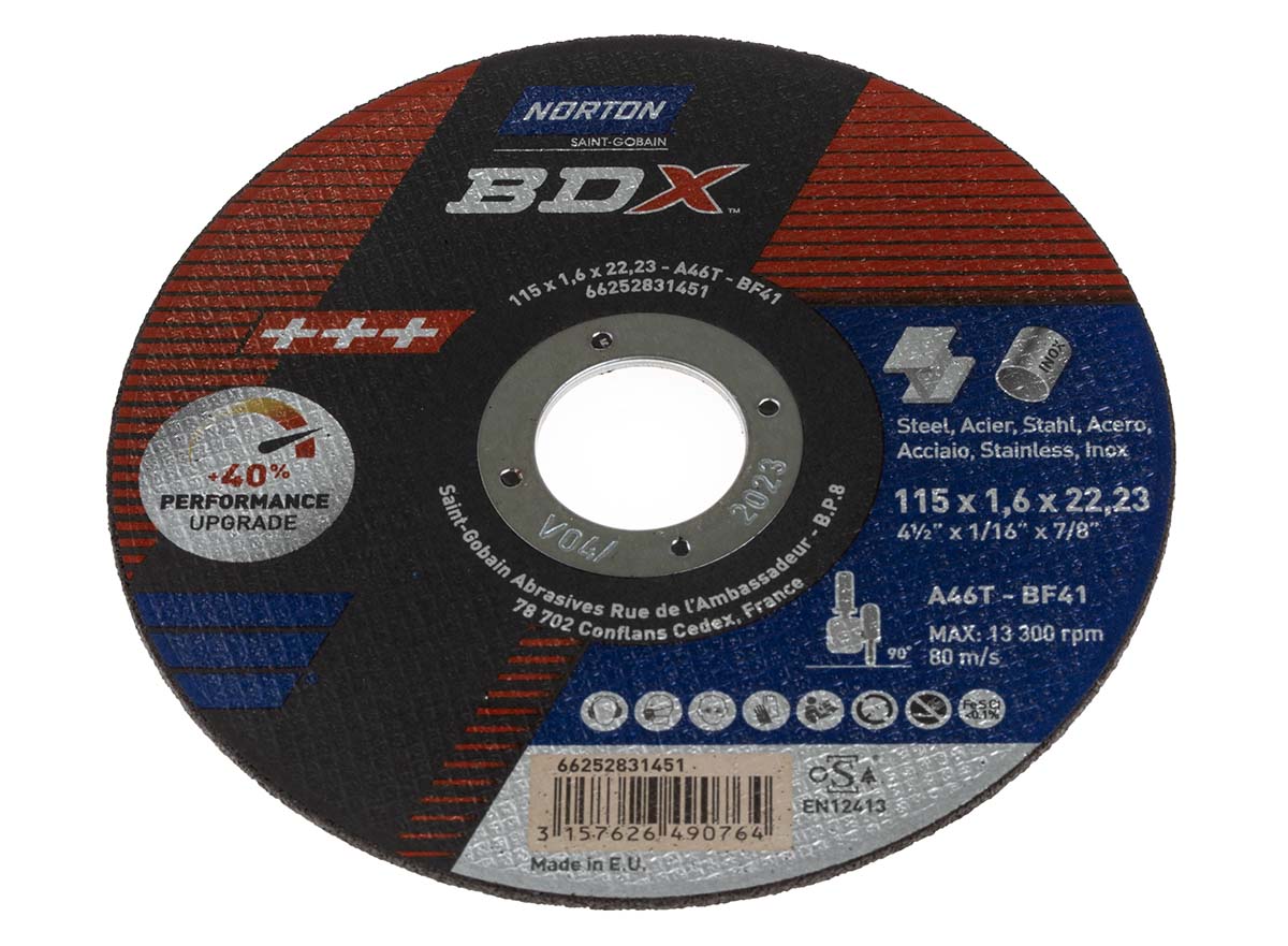 Norton Cutting Disc Ceramic Cutting Disc, 115mm x 1.6mm Thick, Medium Grade, P80 Grit, 5 in pack