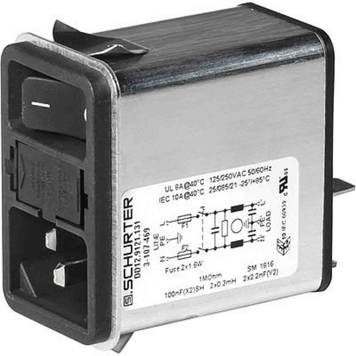 Schurter 8A, 250 V ac Snap-In Filtered IEC Connector 3-107-476