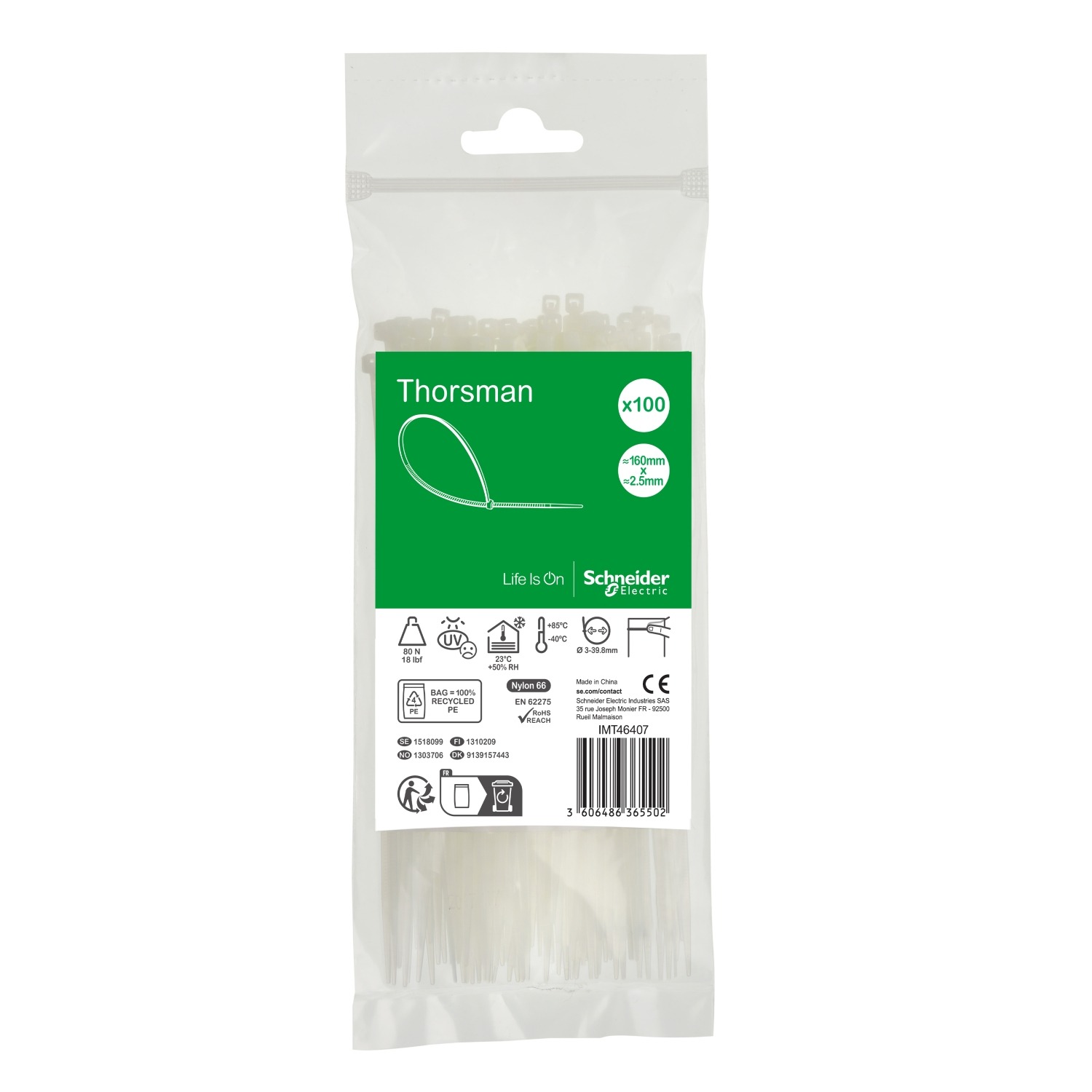 Schneider Electric Cable Tie, , 160mm x 2.5 mm, Clear Nylon, Pk-1