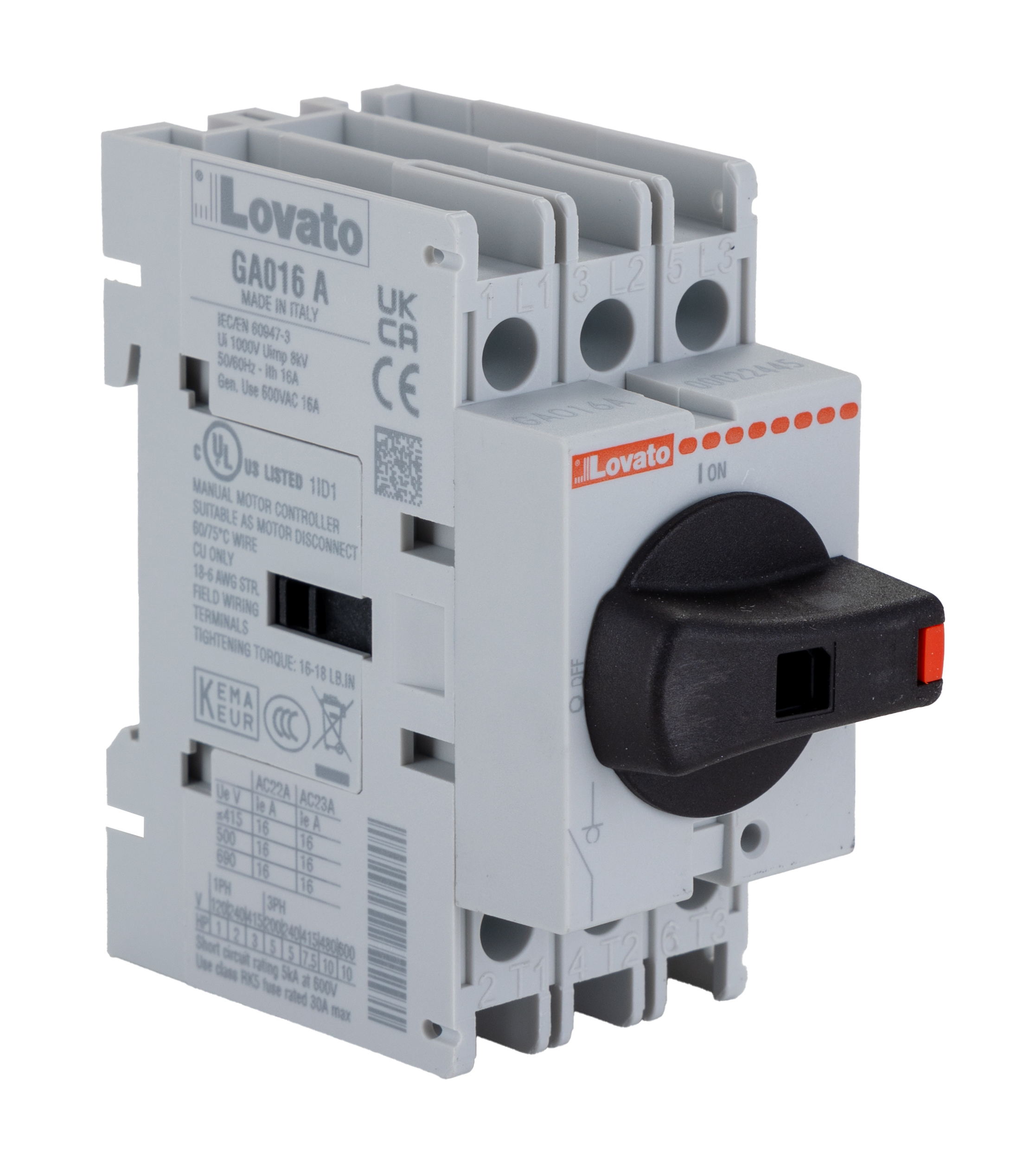 Lovato 3P Pole Isolator Switch - 16A Maximum Current, 11kW Power Rating, IP65