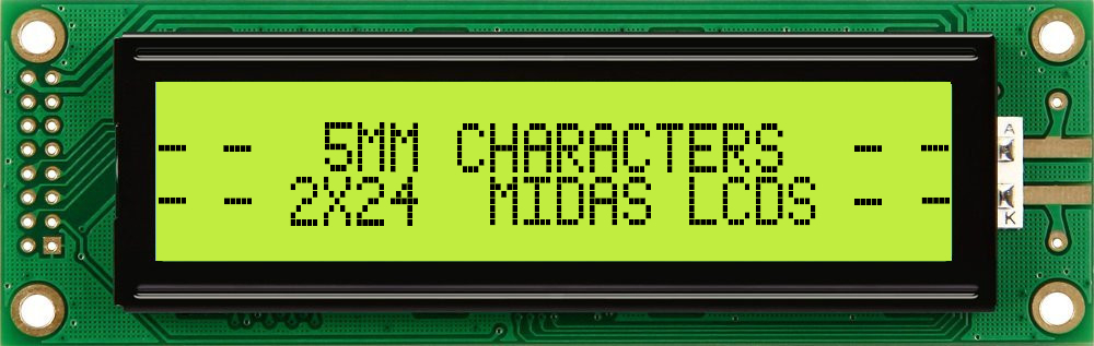 Midas MC22405B6W1-SPTLY MC22 Alphanumeric LCD Display, Black on Yellow/Green, 2 Rows by 24 Characters, Transflective