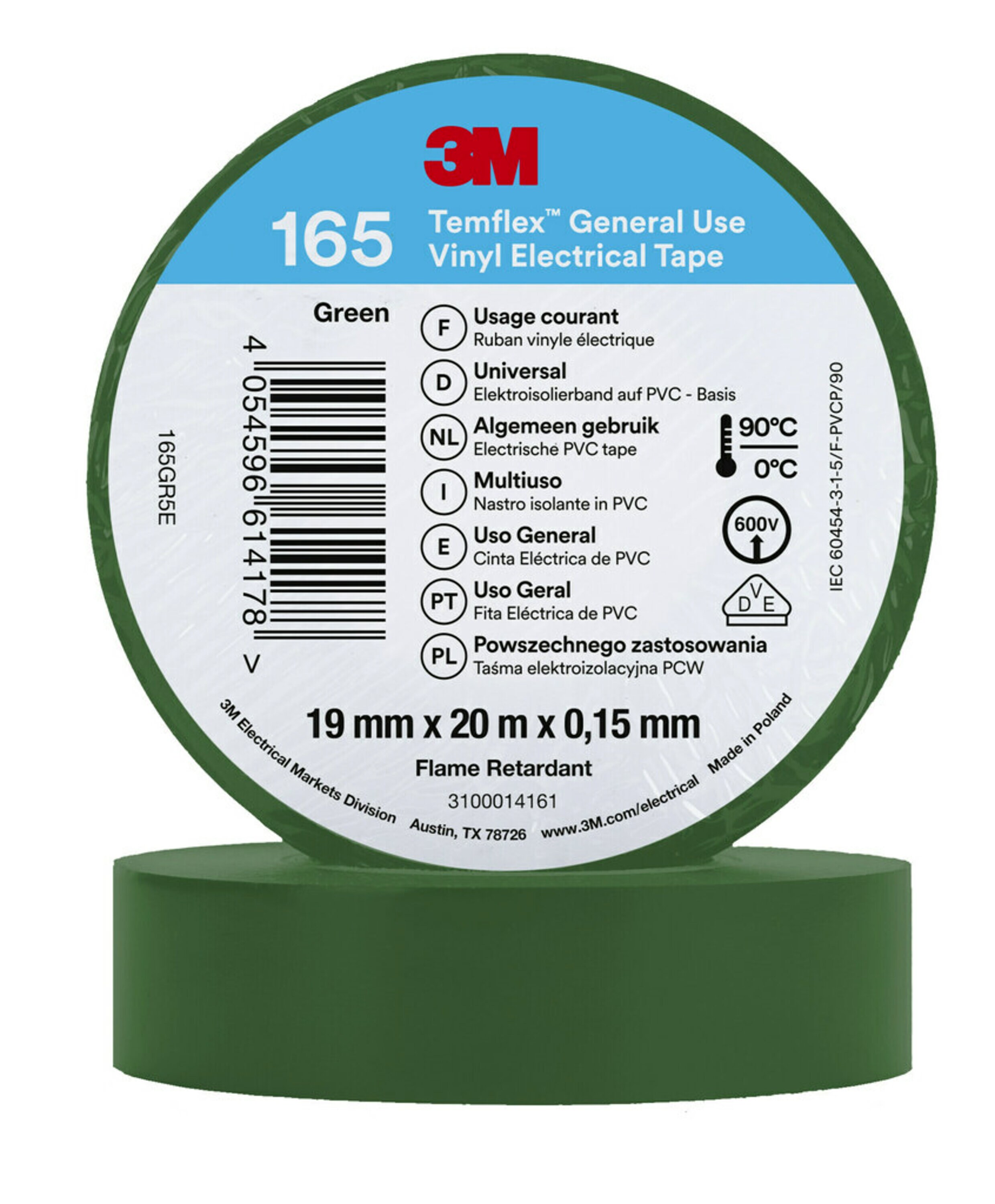 3M Temflex Green Vinyl Electrical Tape, 19mm x 20m