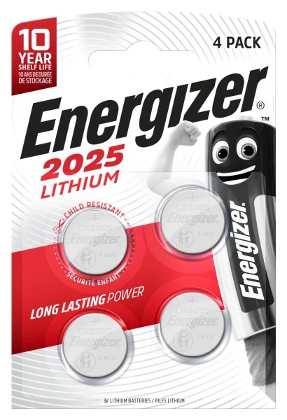 Energizer CR2025 Button Batteries, 3V, 20mm Diameter, 4 Pack
