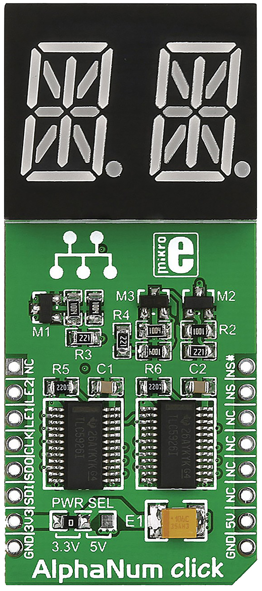 MikroElektronika MIKROE-1851, AlphaNum G Click 2 14 Segment Display Add On Board With TLC5926 x 2