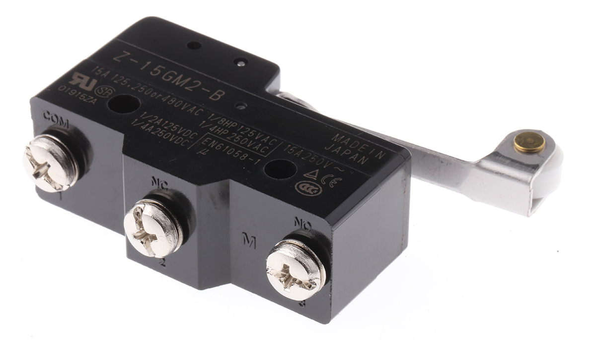 Omron Z Series Roller Lever Limit Switch, NO/NC, IP00, SPDT, Thermosetting Resin Housing, 500V ac Max, 15A Max