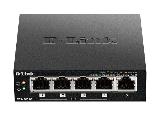 D-Link 5-Port Desktop Gigabit PoE+ Switch, Unmanaged 5 Port Gigabit Switch With PoE EU