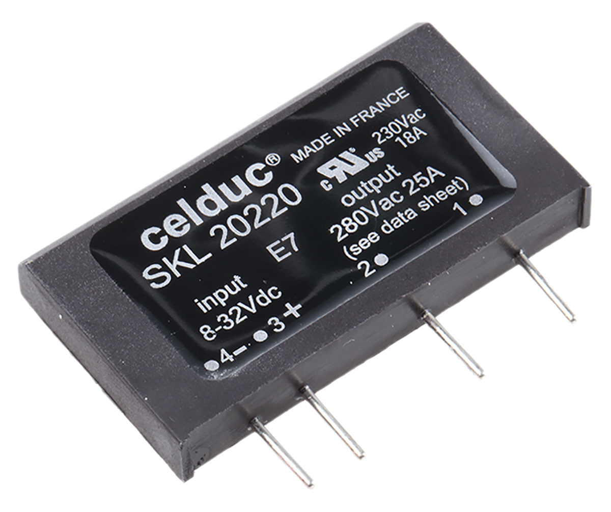 Celduc SK Series Solid State Relay, 25 A Load, PCB Mount, 280 V ac Load, 32 V dc Control