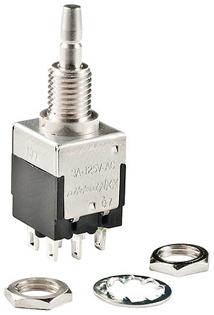 NKK Switches Push Button Switch, Momentary, Panel Mount, 6.35mm Cutout, DPDT, 125V ac