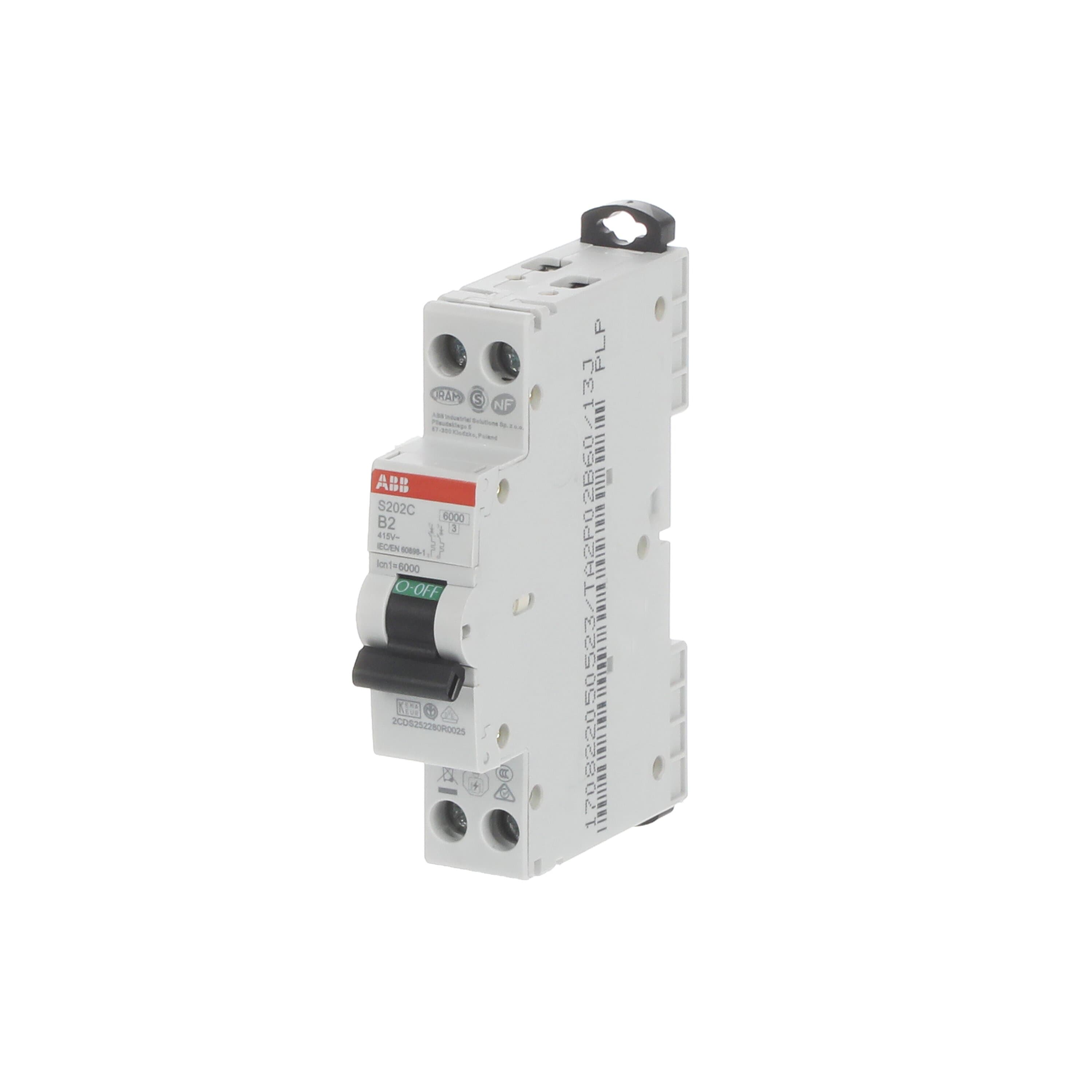 ABB S200C MCB, 2P, 2A Curve B, 415V AC, 6 kA Breaking Capacity