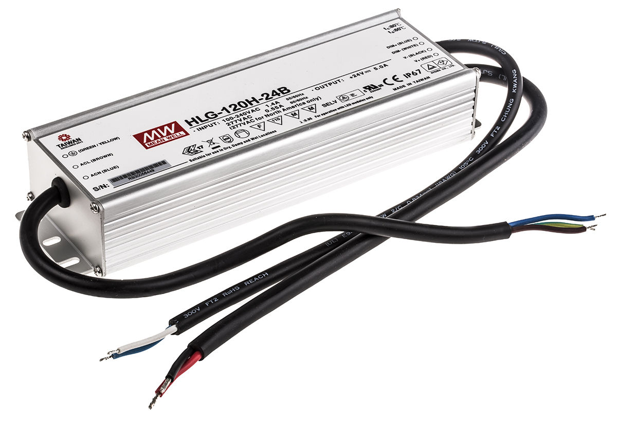 MEAN WELL LED Driver, 24V Output, 120W Output, 5A Output, Constant Current Dimmable