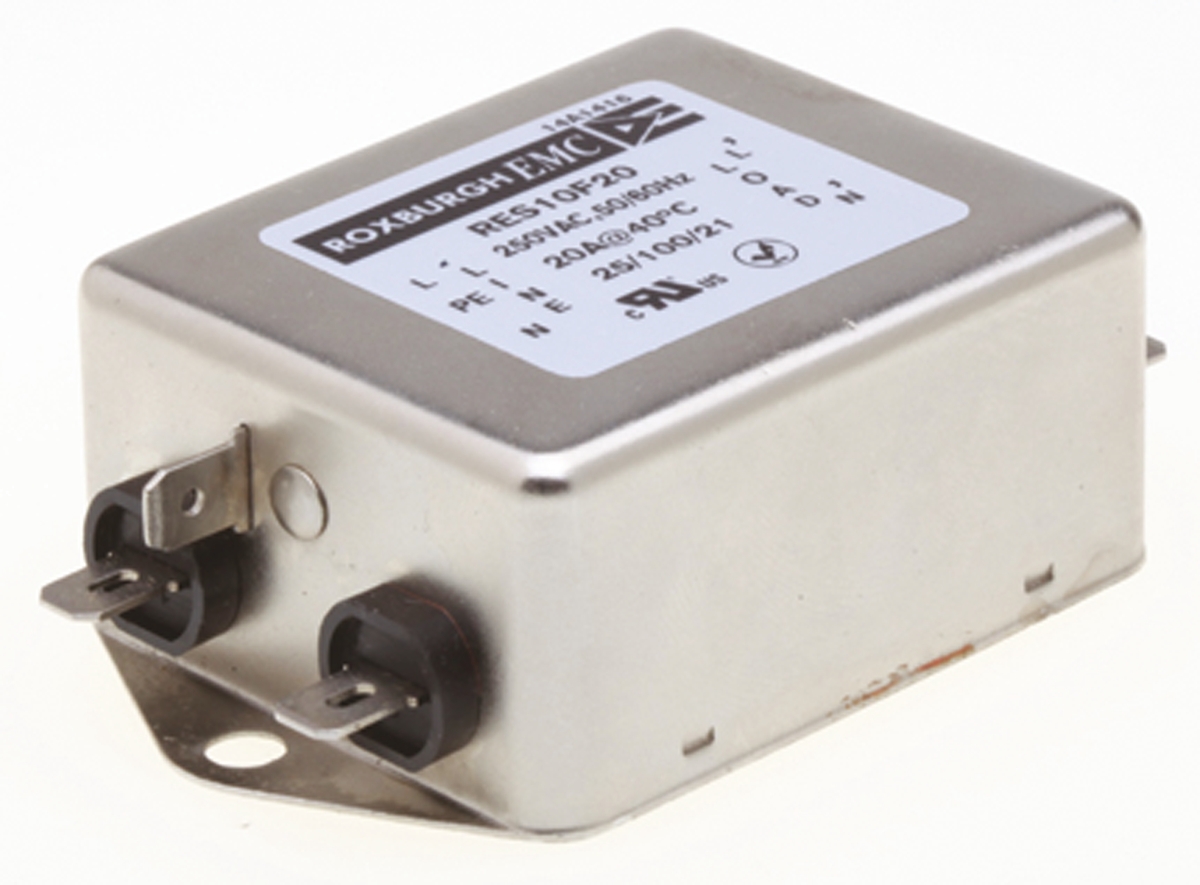 Roxburgh EMC, RES10 20A 250 V ac DC → 400Hz, Chassis Mount RFI Filter, Fast-On, Single Phase