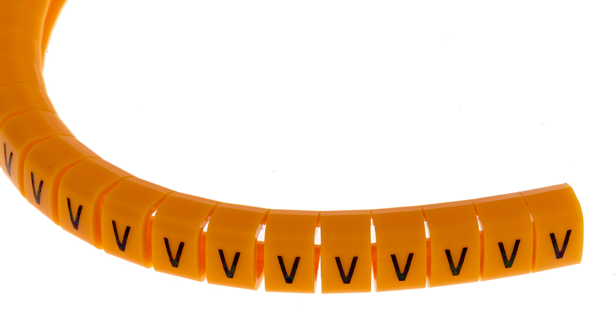 RS PRO Snap On Cable Markers, Black on Orange, Pre-printed "V", 4 → 5mm Cable