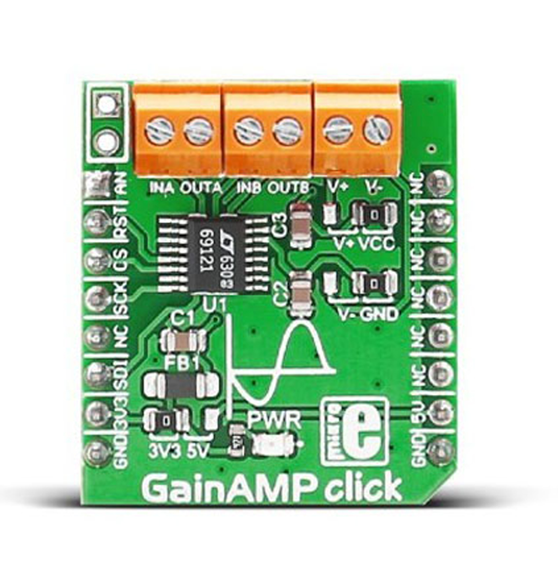 MikroElektronika MIKROE-2555, GainAMP click Programmable Gain Amplifier mikroBus Click Board for Automatic Gain