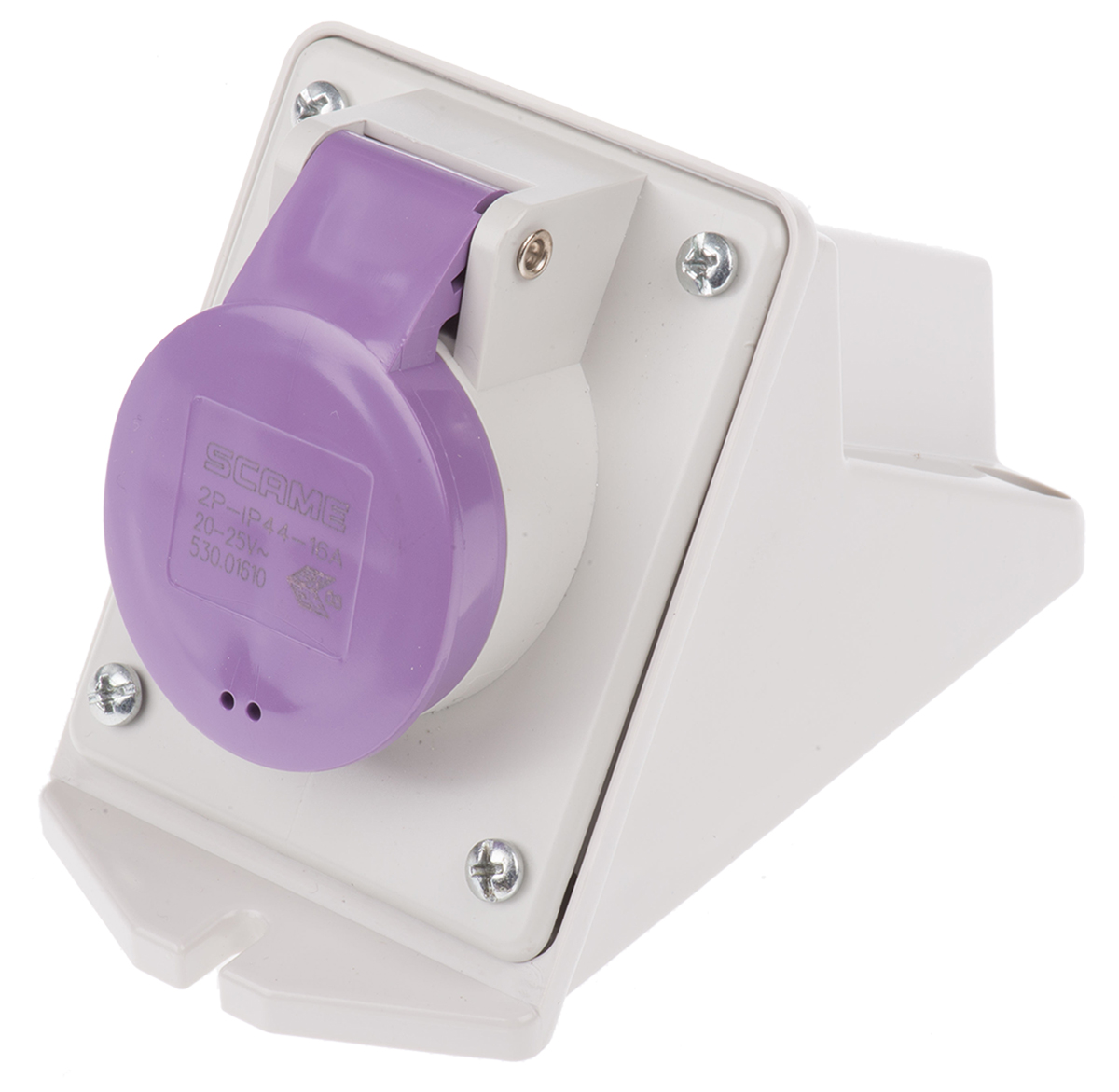 Scame IP44 Purple Wall Mount 2P Right Angle Industrial Power Socket, Rated At 16A, 20 → 25 V